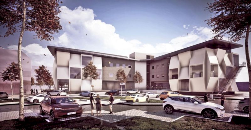 Обемно фасадно решение на фирмата „ЕСПА“ за бъдещата сграда на ЦВП УНИТе в кампус Лозенец на СУ.